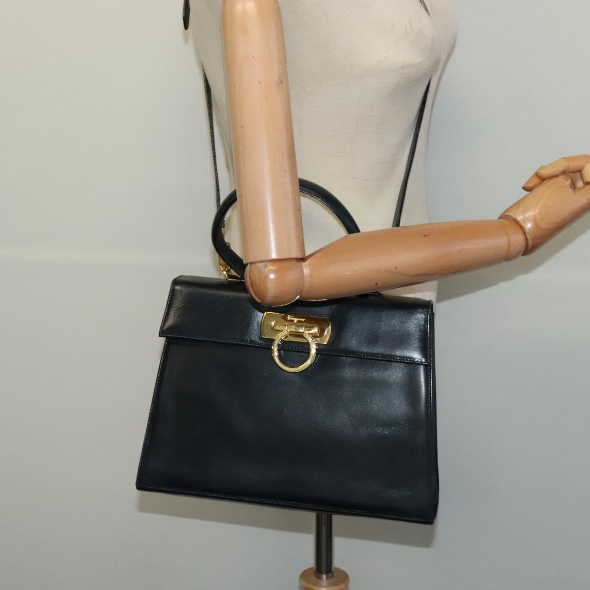 Salvatore Ferragamo Gancini Hand Bag Leather 2way Black Gold Auth BD1498