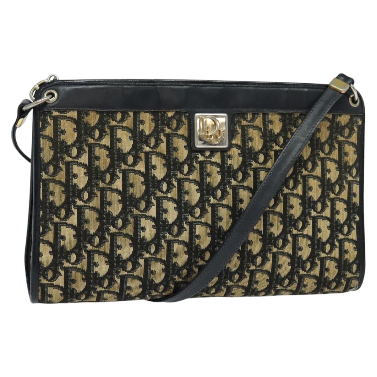 Christian Dior Trotter Canvas Shoulder Bag Navy Gold Auth BD1501