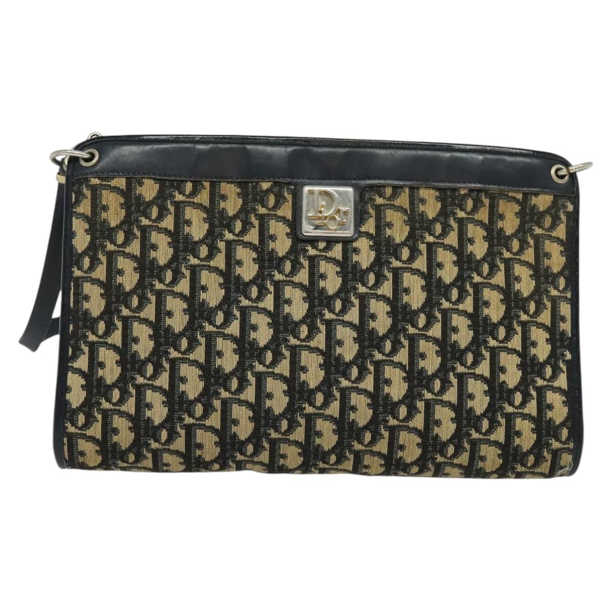 Christian Dior Trotter Canvas Shoulder Bag Navy Gold Auth BD1501