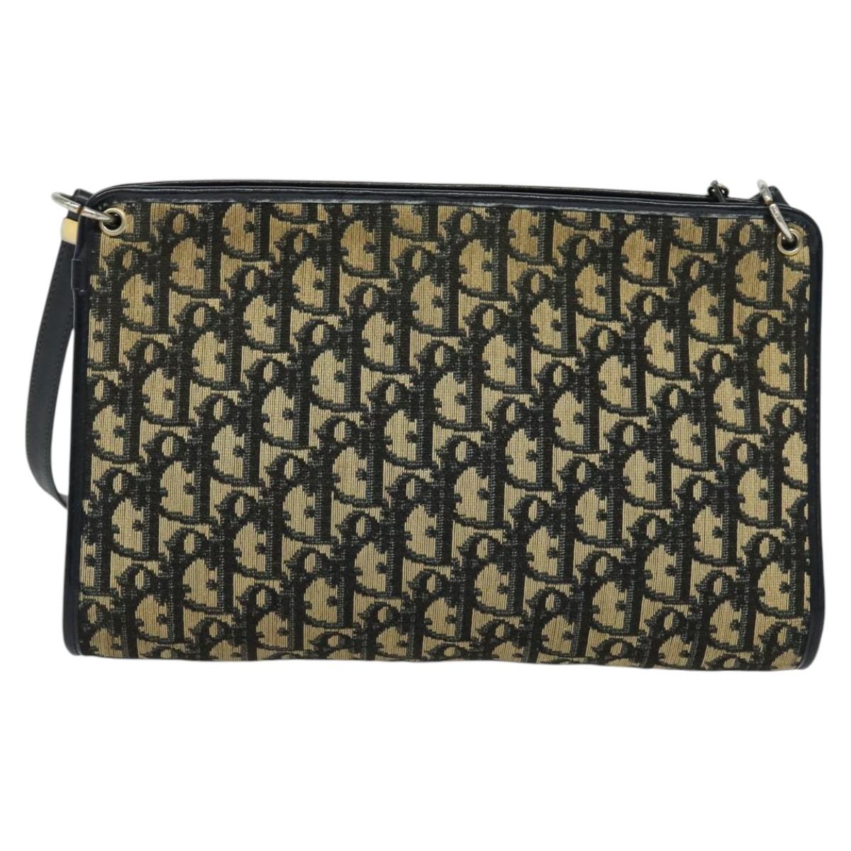 Christian Dior Trotter Canvas Shoulder Bag Navy Gold Auth BD1501