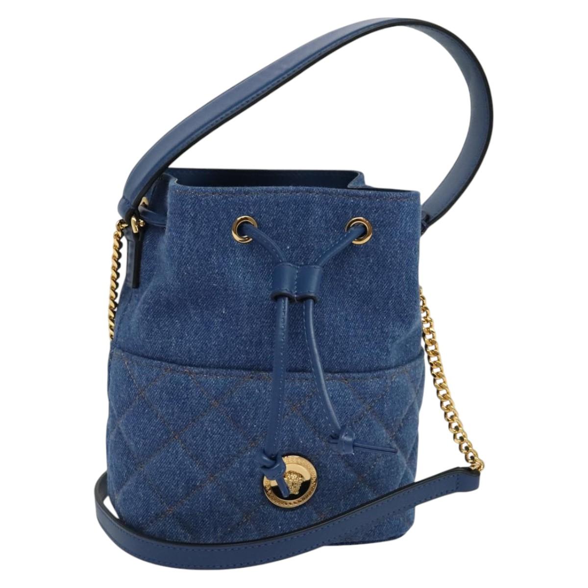 VERSACE Medusa Hand Bag Denim 2way Blue Gold Auth BD1520