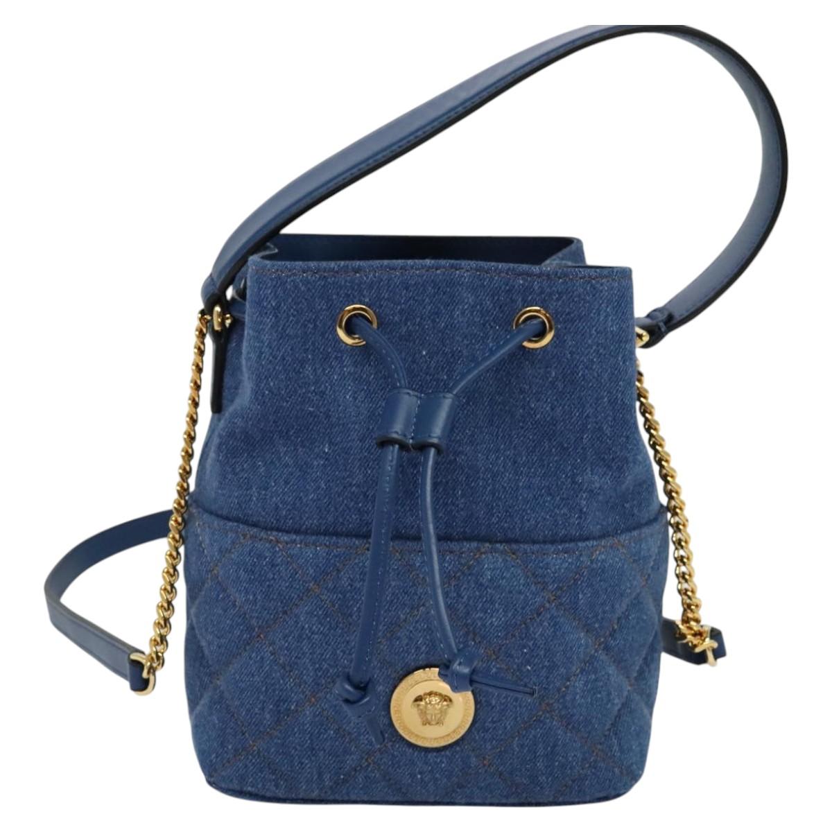 VERSACE Medusa Hand Bag Denim 2way Blue Gold Auth BD1520