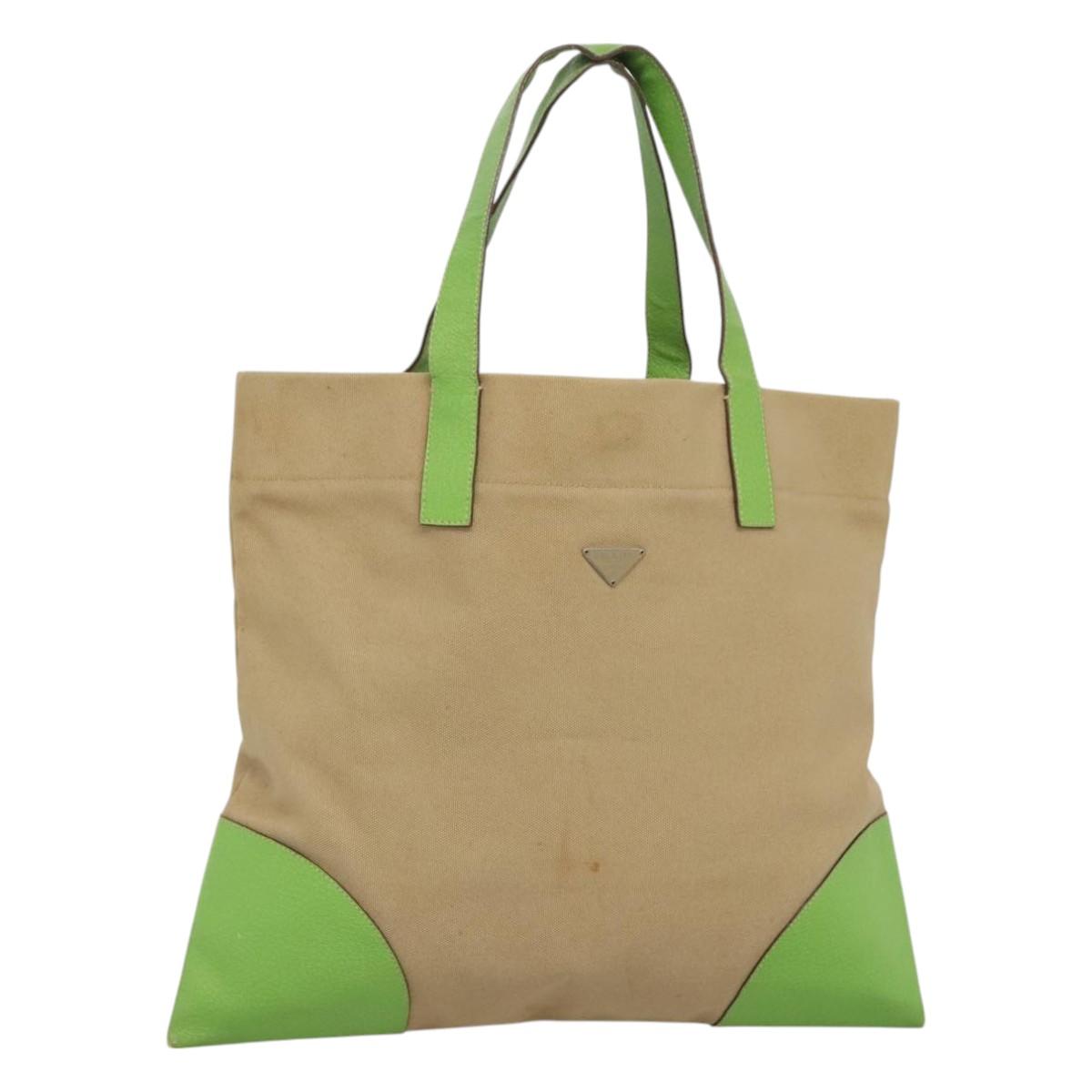 PRADA Tote Bag Canvas Beige Silver Auth BD1531