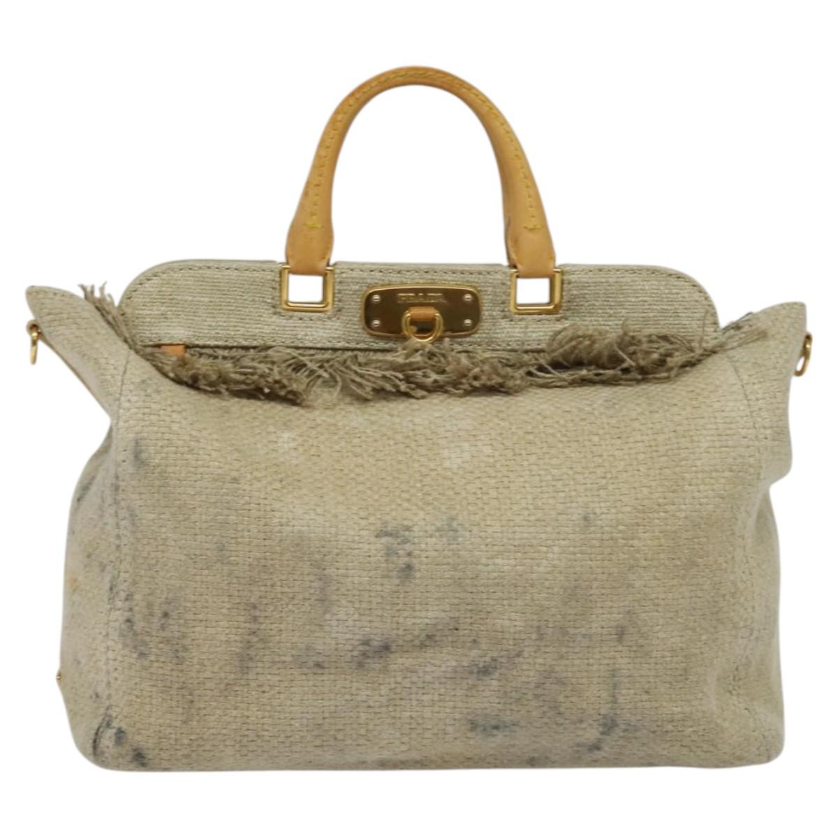 PRADA Hand Bag Canvas 2way Beige Gold Auth BD1555