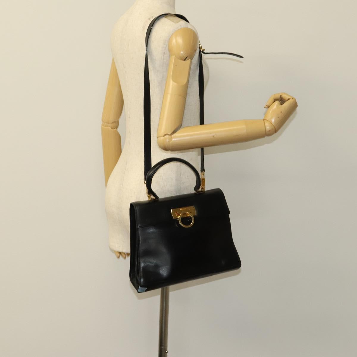 Salvatore Ferragamo Gancini Hand Bag Leather 2way Black Gold Auth BD1703