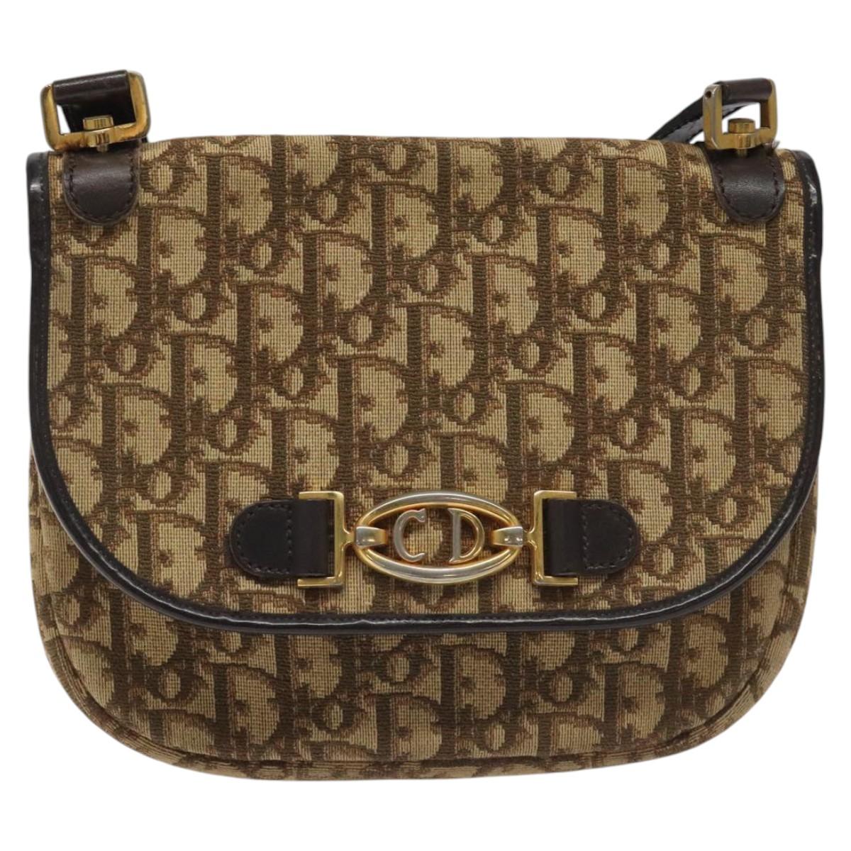 Christian Dior Trotter Canvas Shoulder Bag Brown Gold Auth BD172