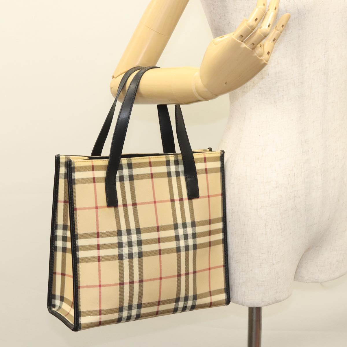 BURBERRY Nova Check Hand Bag PVC Beige Silver black Auth BD1739