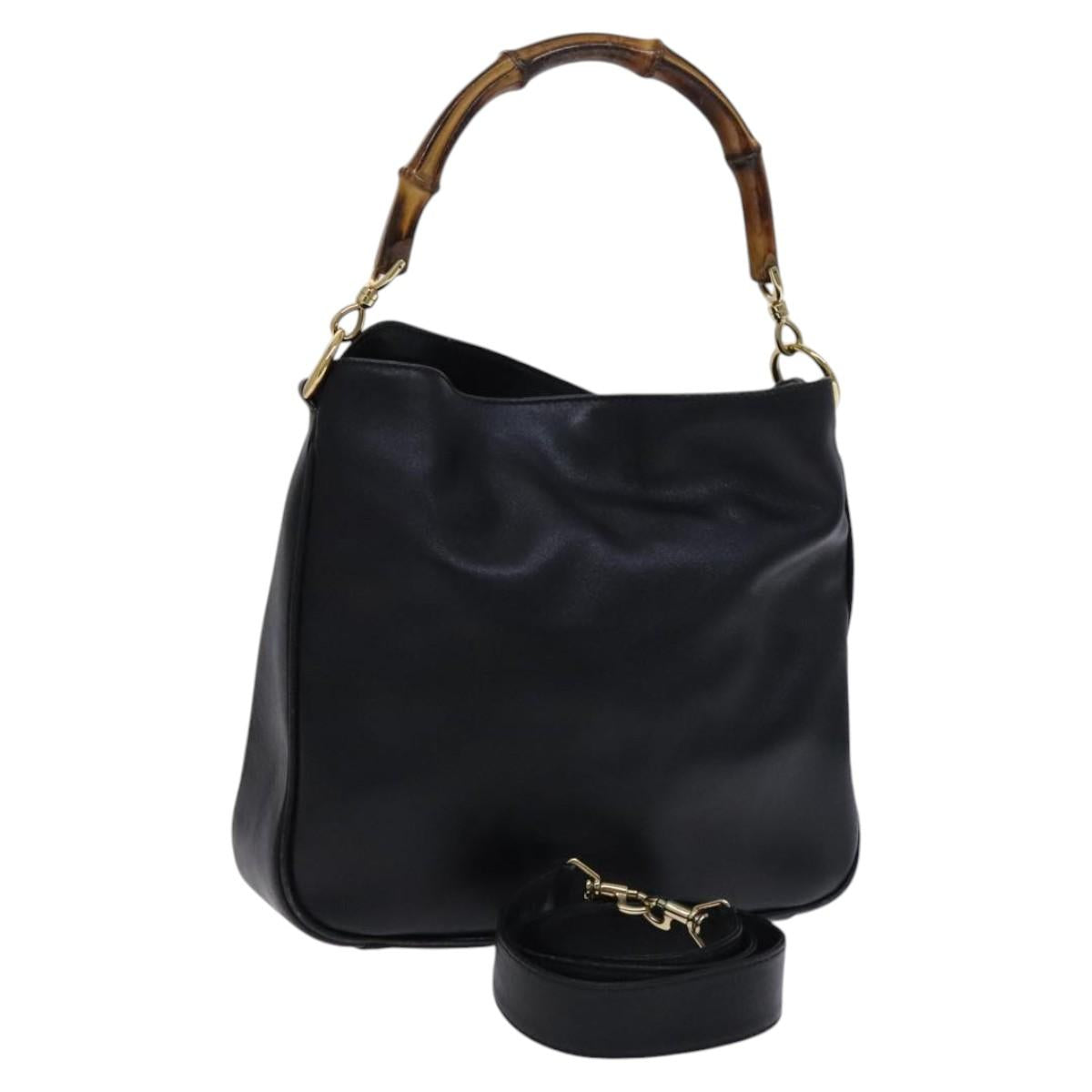 GUCCI Bamboo Hand Bag Leather 2way Black Gold 001 1638 Auth BD1743
