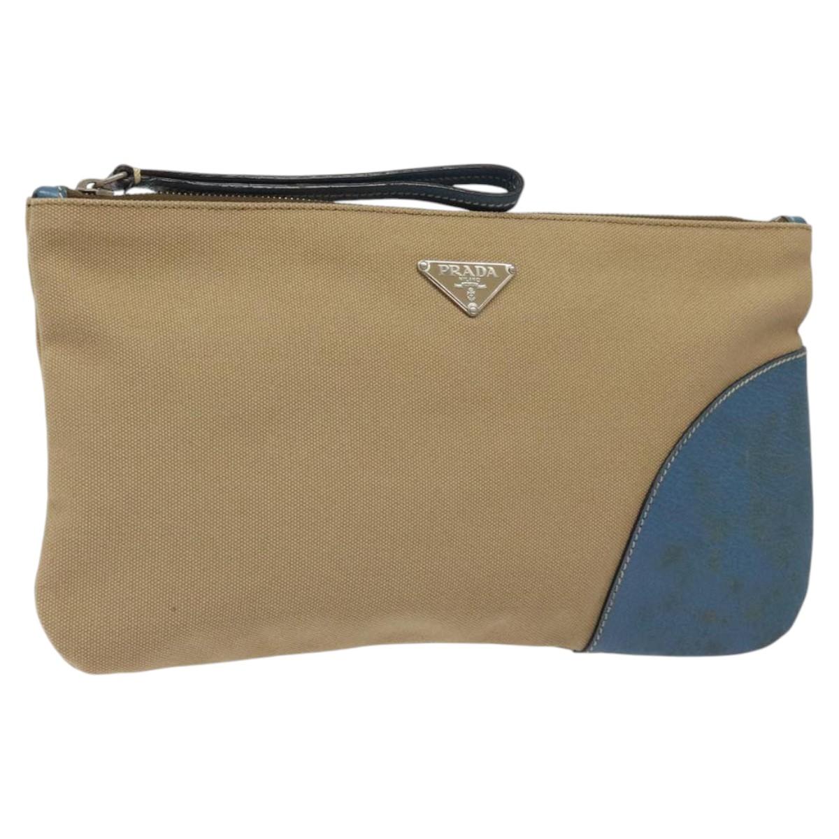 PRADA Clutch Bag Canvas Beige Silver Auth BD1747