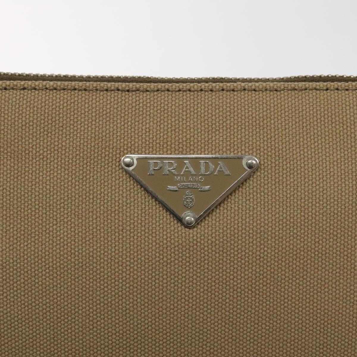 PRADA Clutch Bag Canvas Beige Silver Auth BD1747