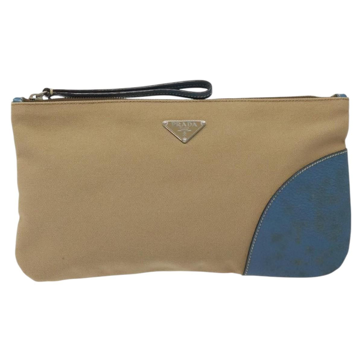 PRADA Clutch Bag Canvas Beige Silver Auth BD1747