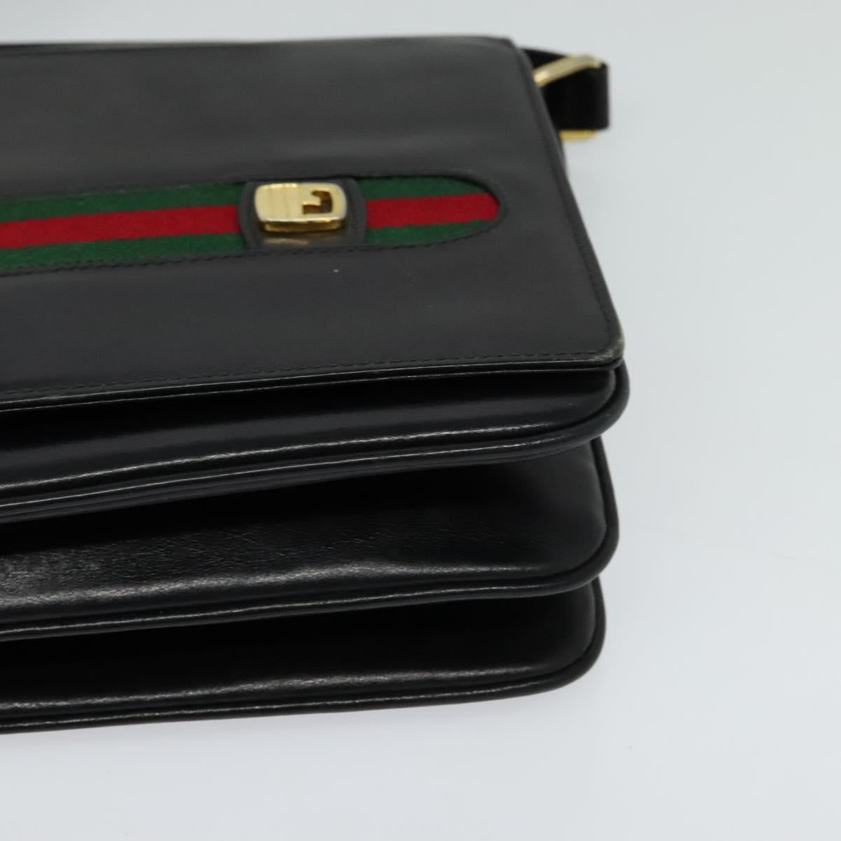 GUCCI Web Sherry Line Shoulder Bag Leather Black Gold Auth BD1766