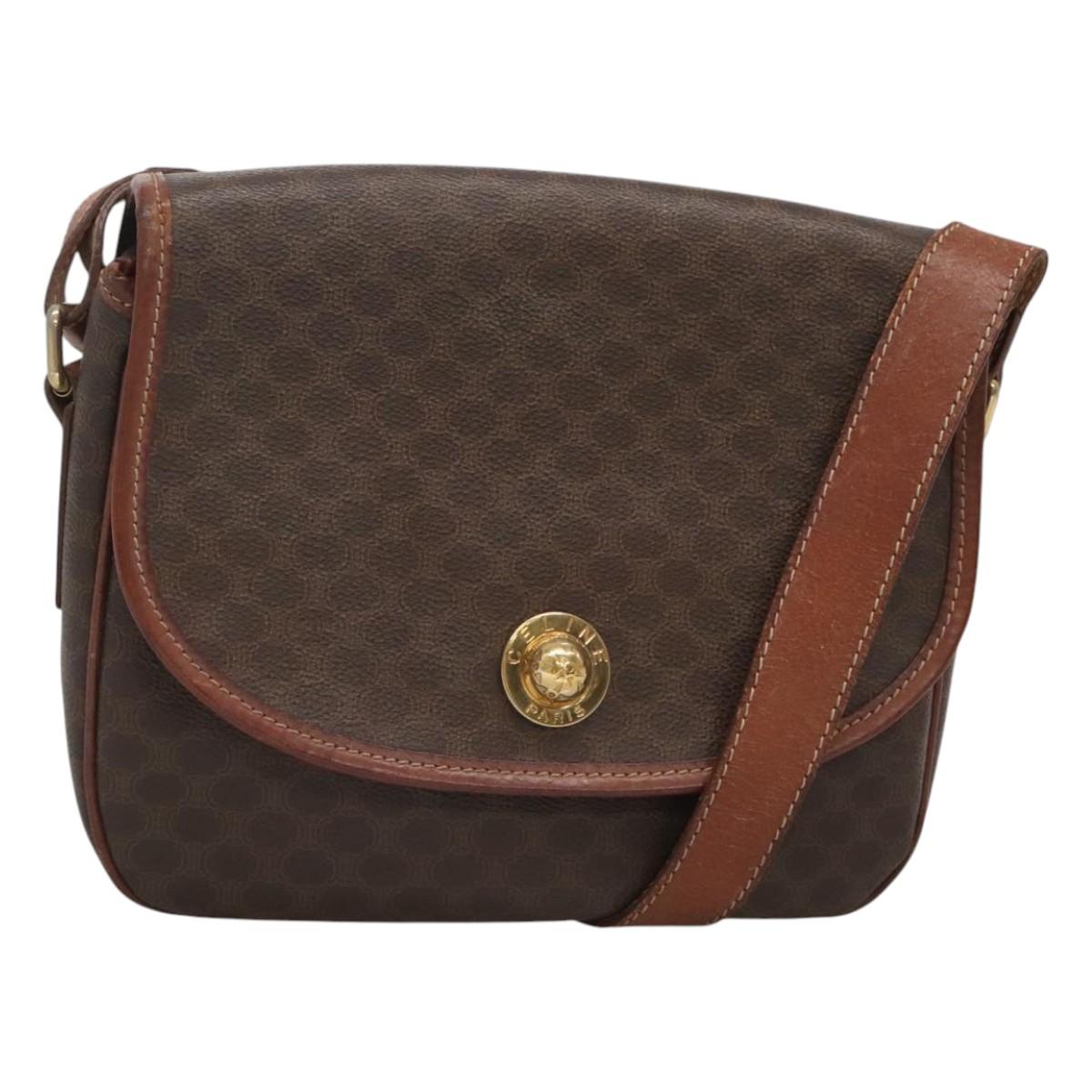 CELINE Macadam Canvas Shoulder Bag PVC Leather Brown Gold Auth BD2004