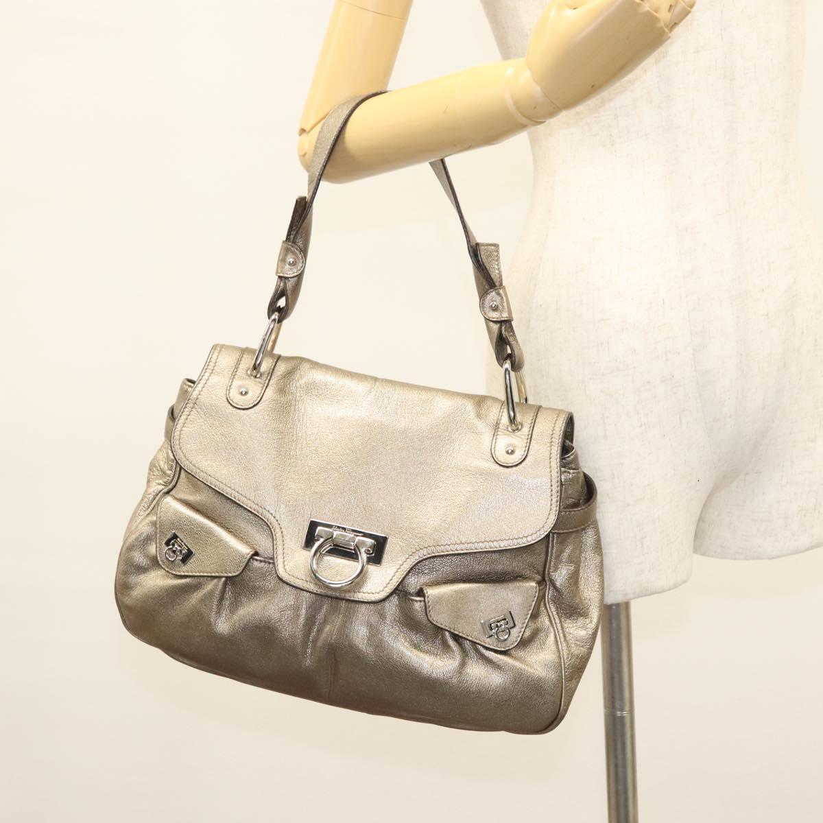 Salvatore Ferragamo Gancini Bag Leather Champagne Gold Silver Auth BD2047