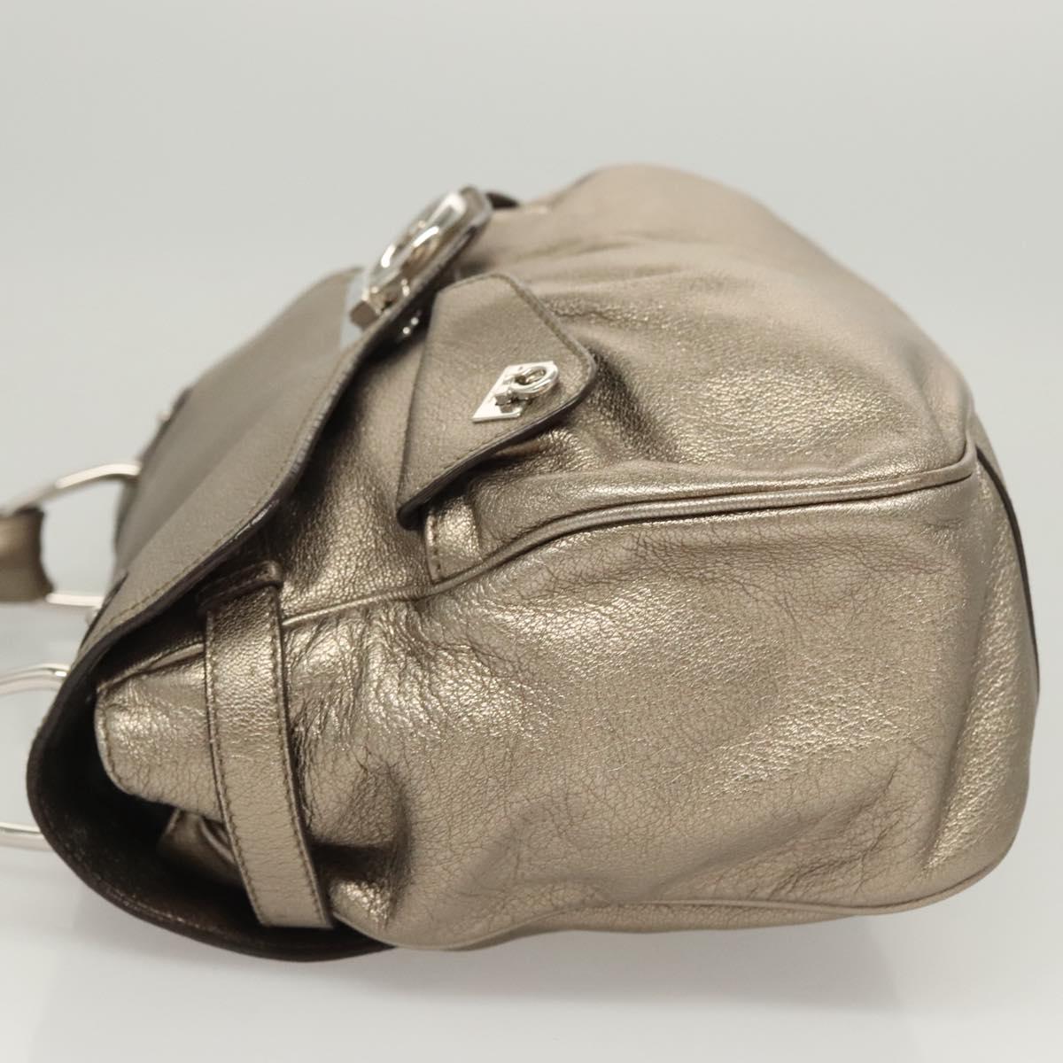Salvatore Ferragamo Gancini Bag Leather Champagne Gold Silver Auth BD2047