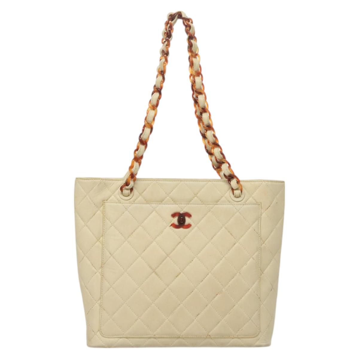 CHANEL Matelasse Chain Tote Bag Lamb Skin Beige CC Auth BD2075