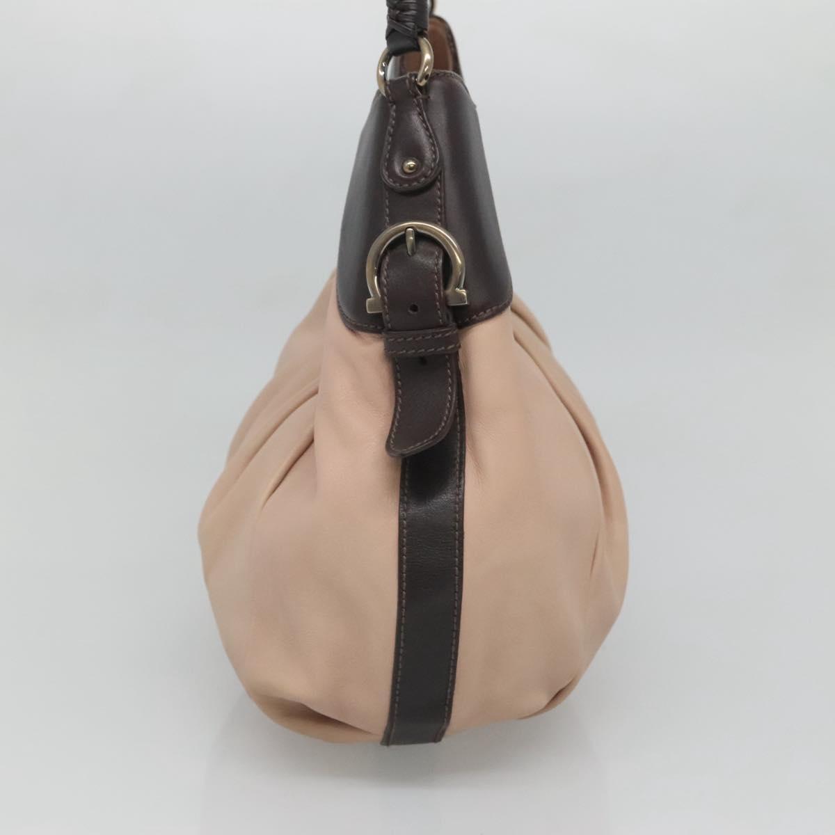 Salvatore Ferragamo Gancini Hobo Shoulder Bag Leather Beige Gold Auth BD2083