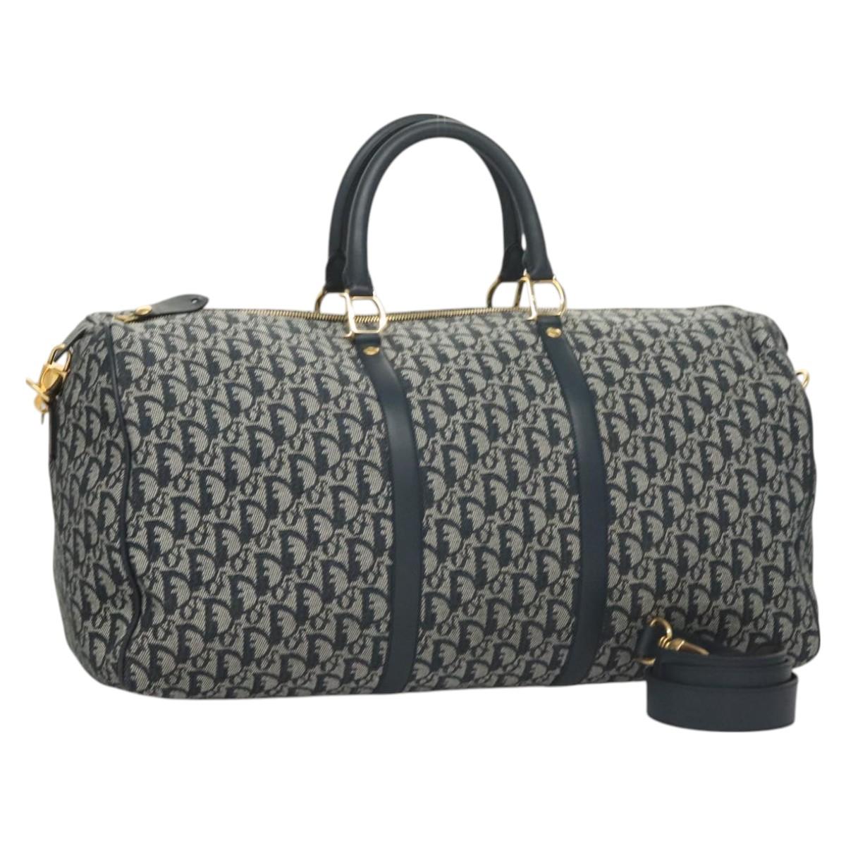 Christian Dior Trotter Canvas Boston Bag 2way Navy Gold Auth BD2104SAV
