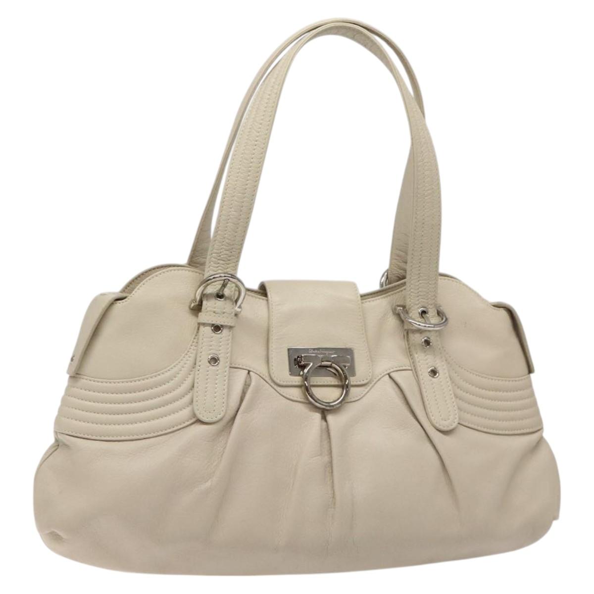 Salvatore Ferragamo Gancini Shoulder Bag Leather White Silver Auth BD2130