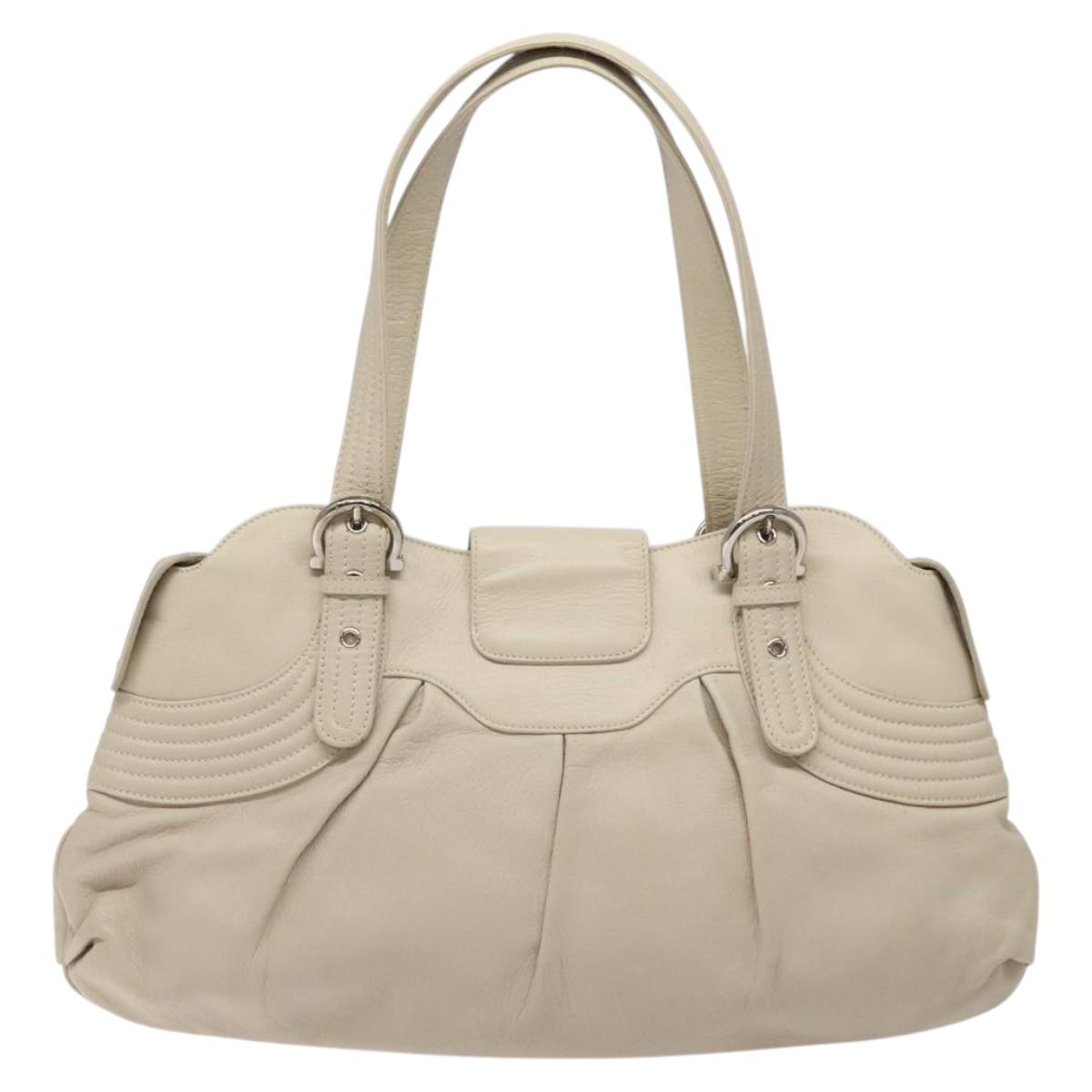 Salvatore Ferragamo Gancini Shoulder Bag Leather White Silver Auth BD2130