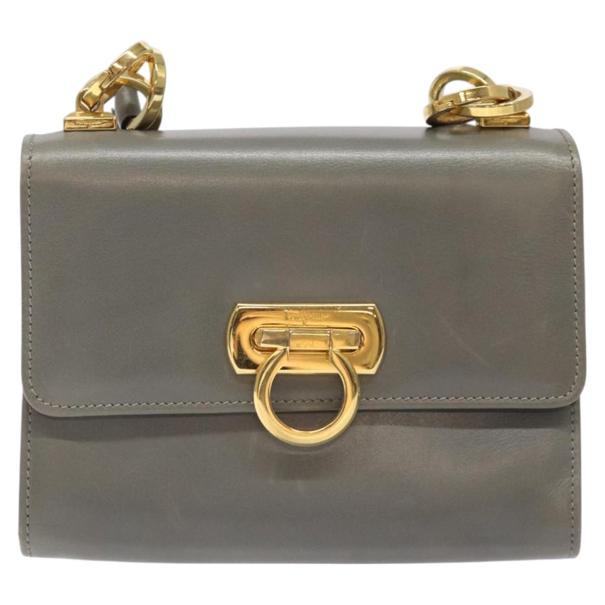 Salvatore Ferragamo Shoulder Bag Leather Gray Gold Auth BD2145