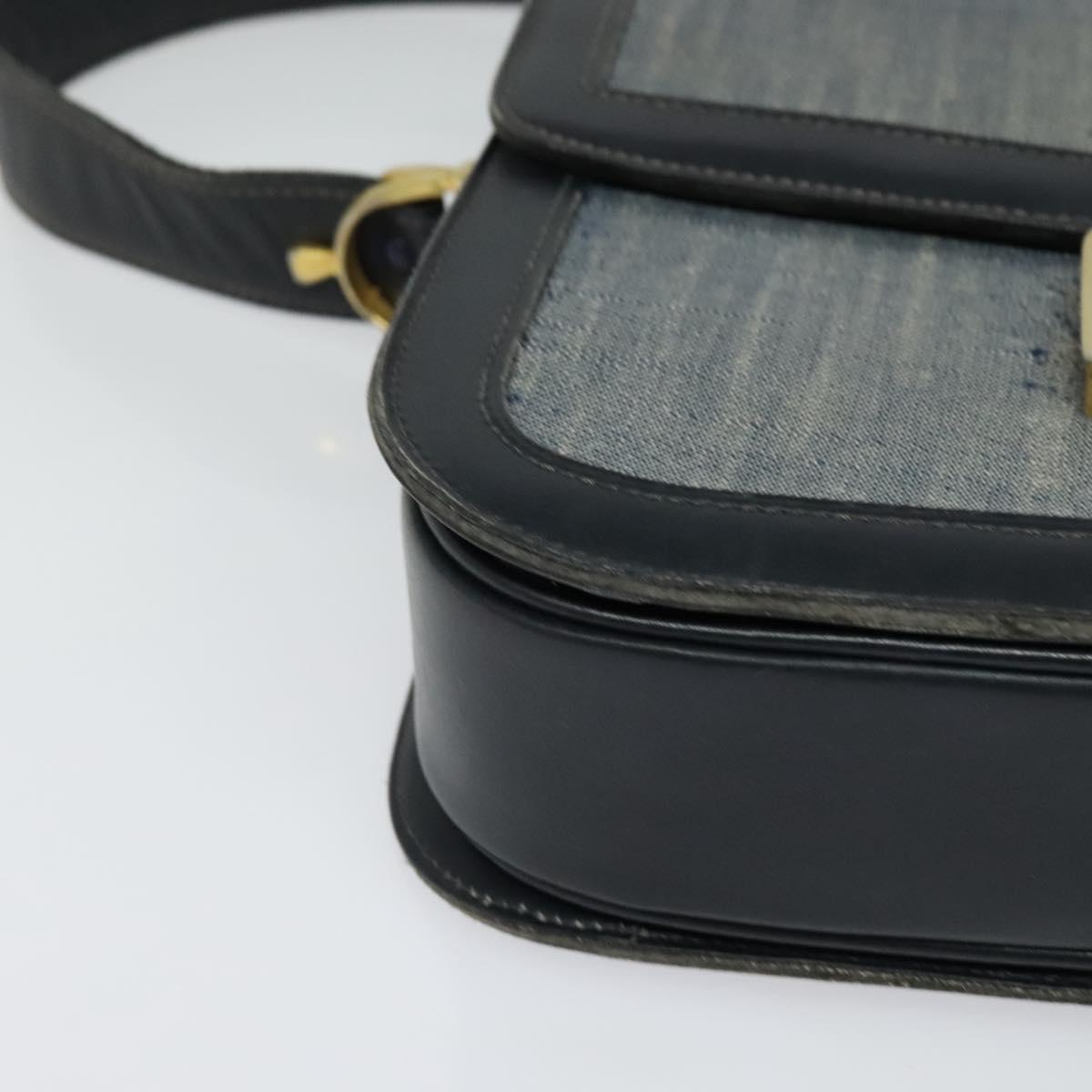 CELINE Shoulder Bag Leather Canvas Navy Gold Auth BD2149