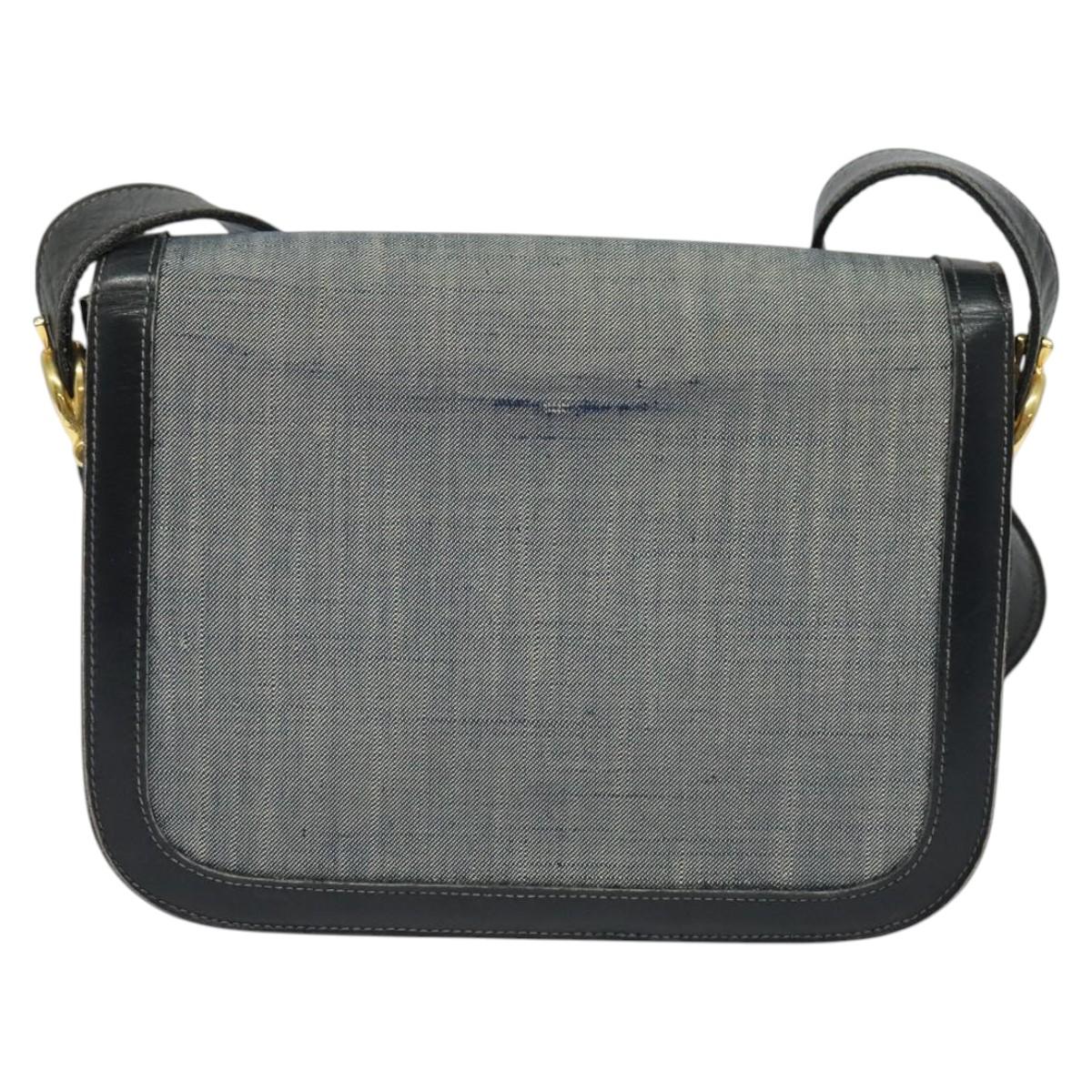 CELINE Shoulder Bag Leather Canvas Navy Gold Auth BD2149