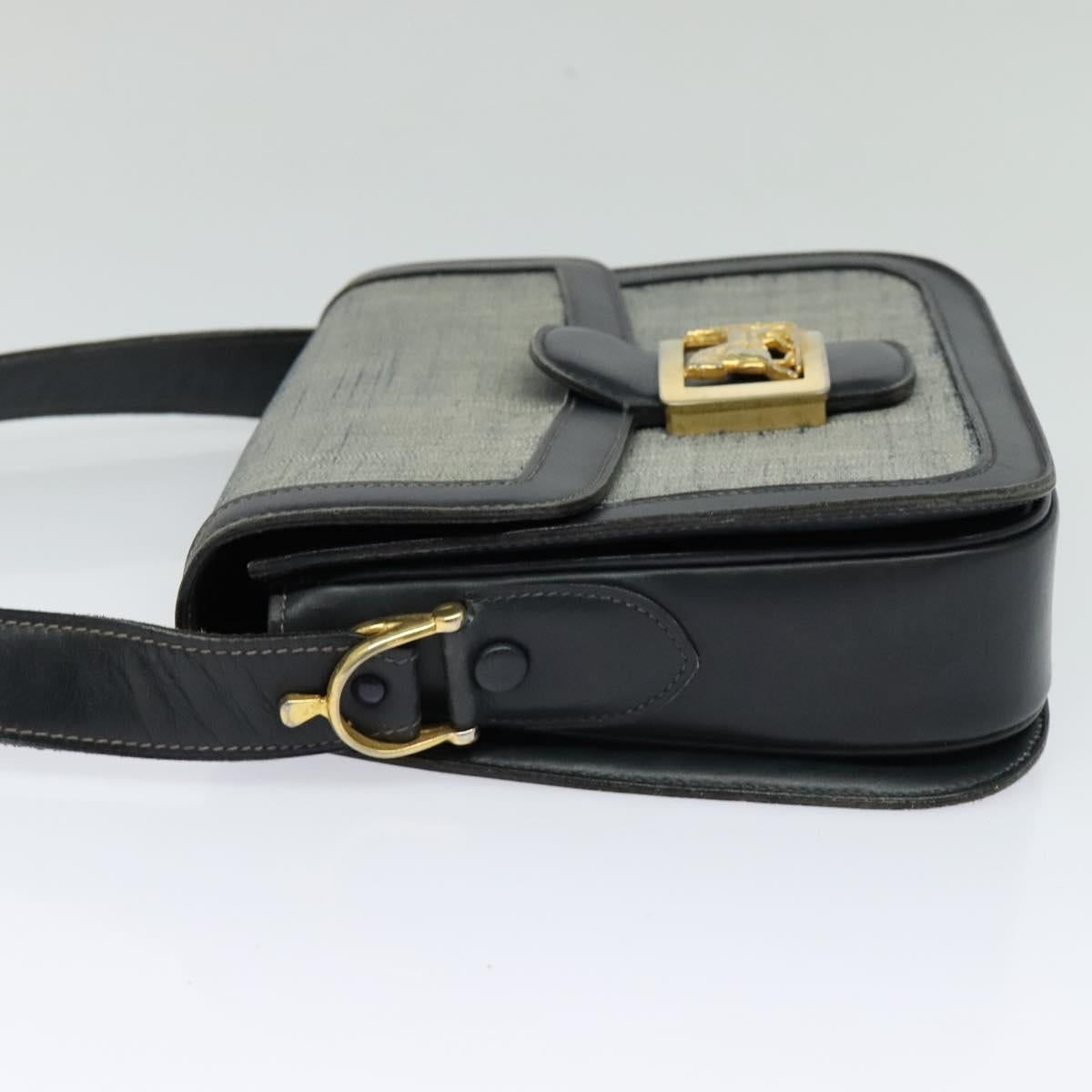 CELINE Shoulder Bag Leather Canvas Navy Gold Auth BD2149