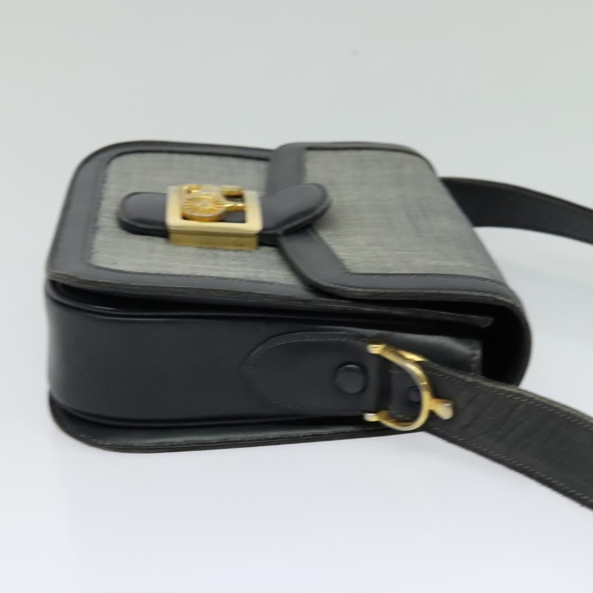 CELINE Shoulder Bag Leather Canvas Navy Gold Auth BD2149