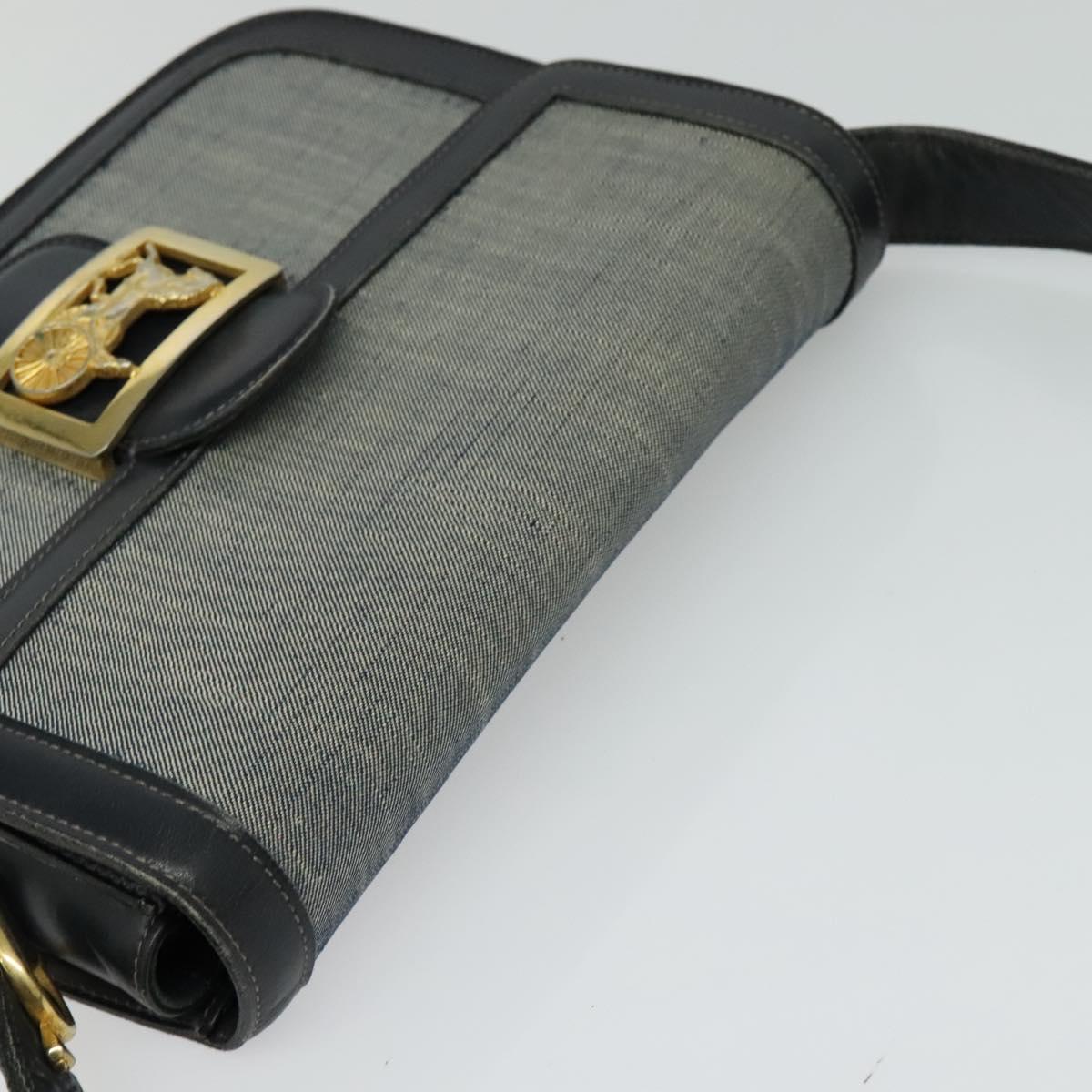 CELINE Shoulder Bag Leather Canvas Navy Gold Auth BD2149