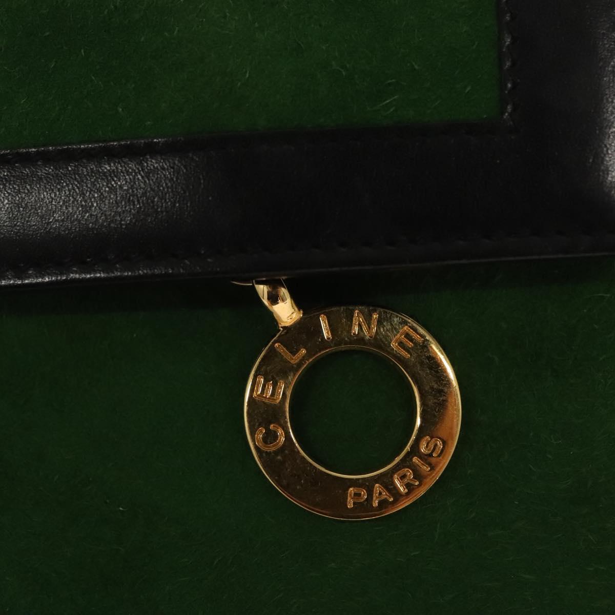 CELINE Chain Hand Pouch Suede Leather Green Gold Auth BD2160
