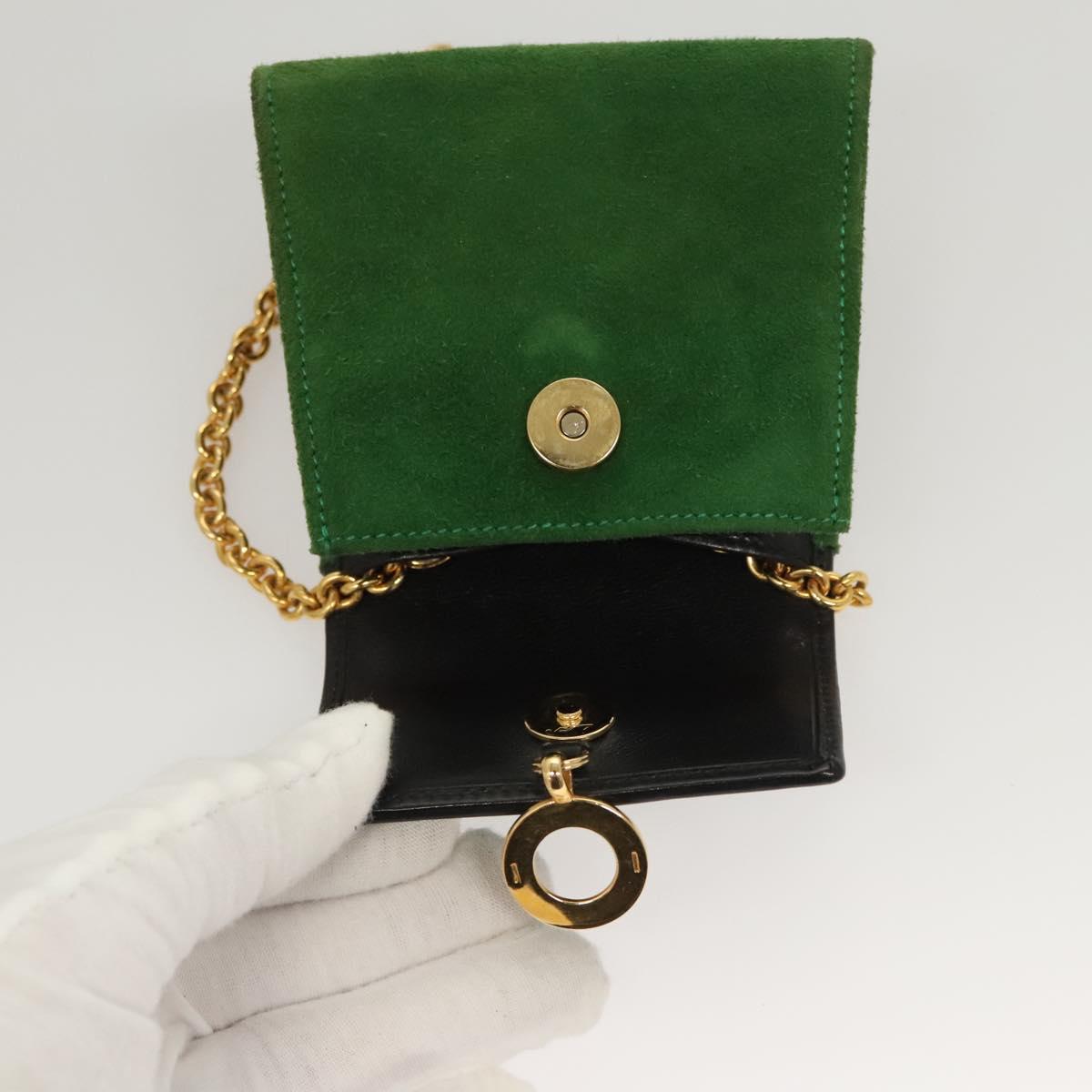 CELINE Chain Hand Pouch Suede Leather Green Gold Auth BD2160