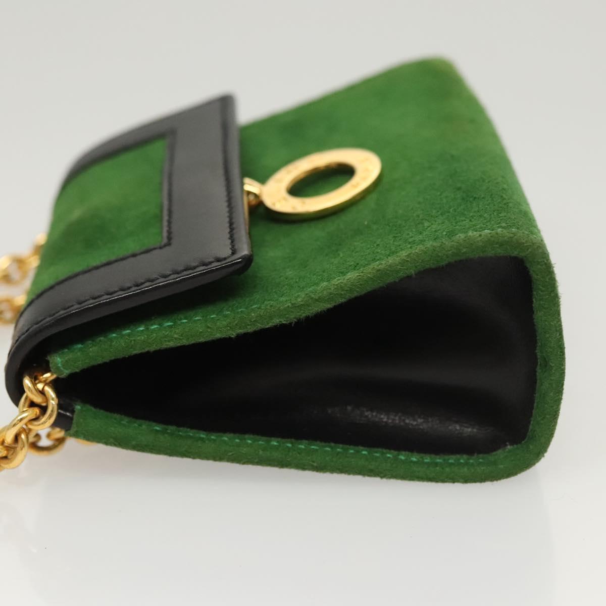 CELINE Chain Hand Pouch Suede Leather Green Gold Auth BD2160