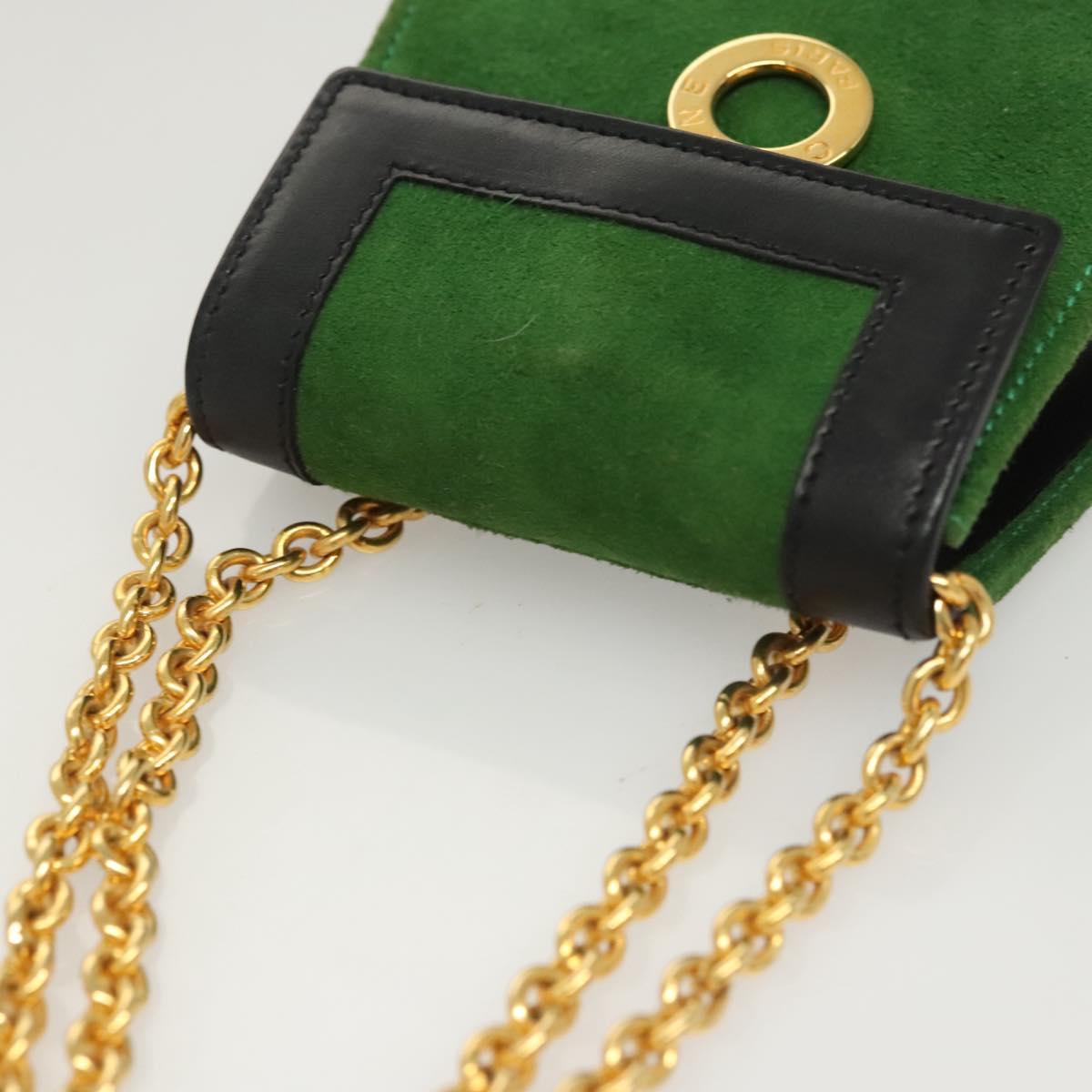 CELINE Chain Hand Pouch Suede Leather Green Gold Auth BD2160