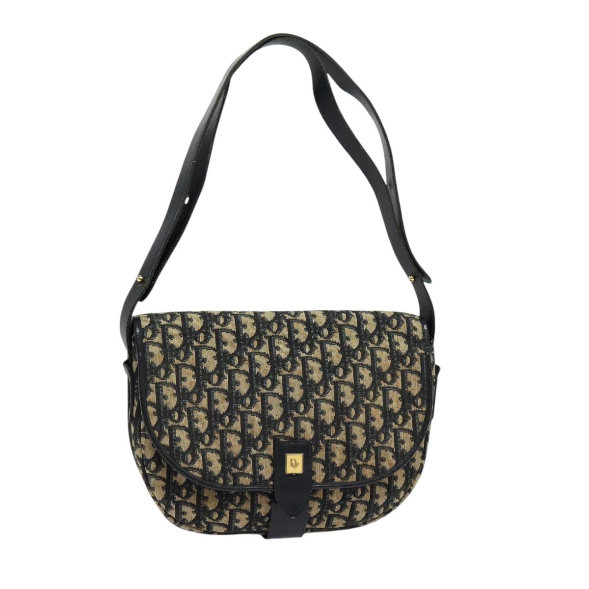 Christian Dior Trotter Canvas Shoulder Bag Navy Gold Auth BD2178