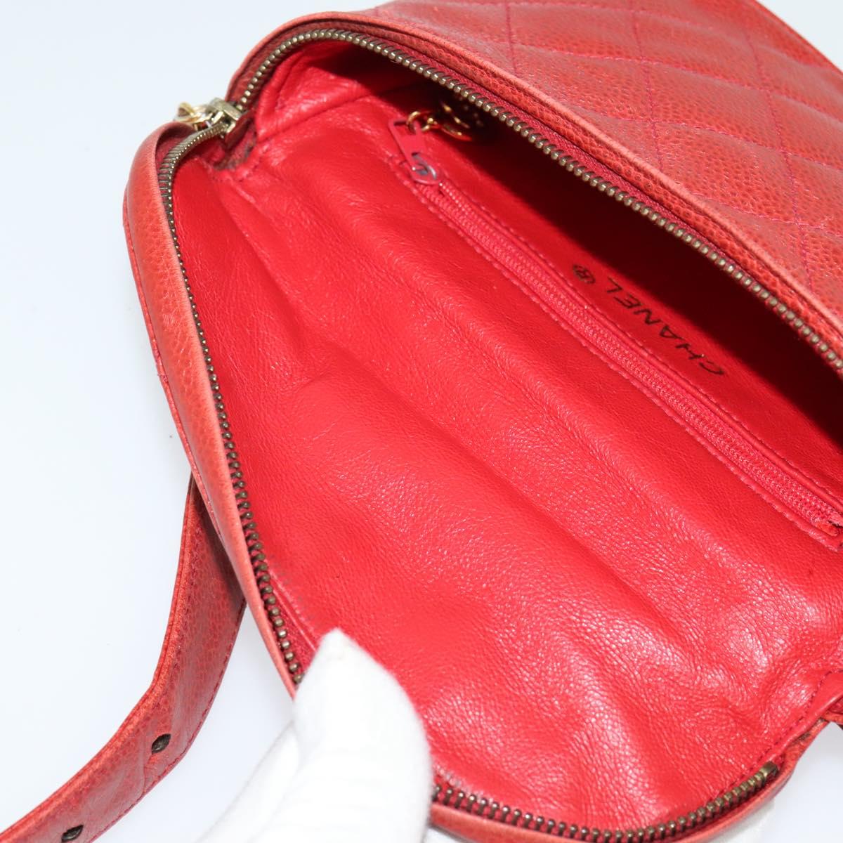 CHANEL Matelasse Waist bag Caviar Skin Red Gold CC Auth BD2190