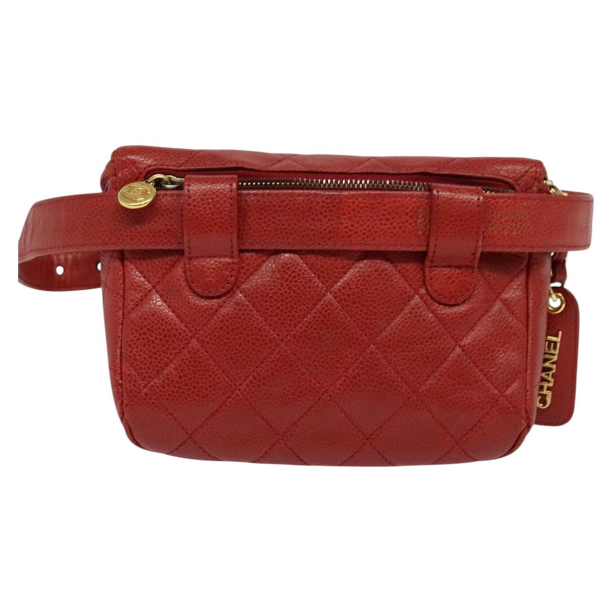 CHANEL Matelasse Waist bag Caviar Skin Red Gold CC Auth BD2190