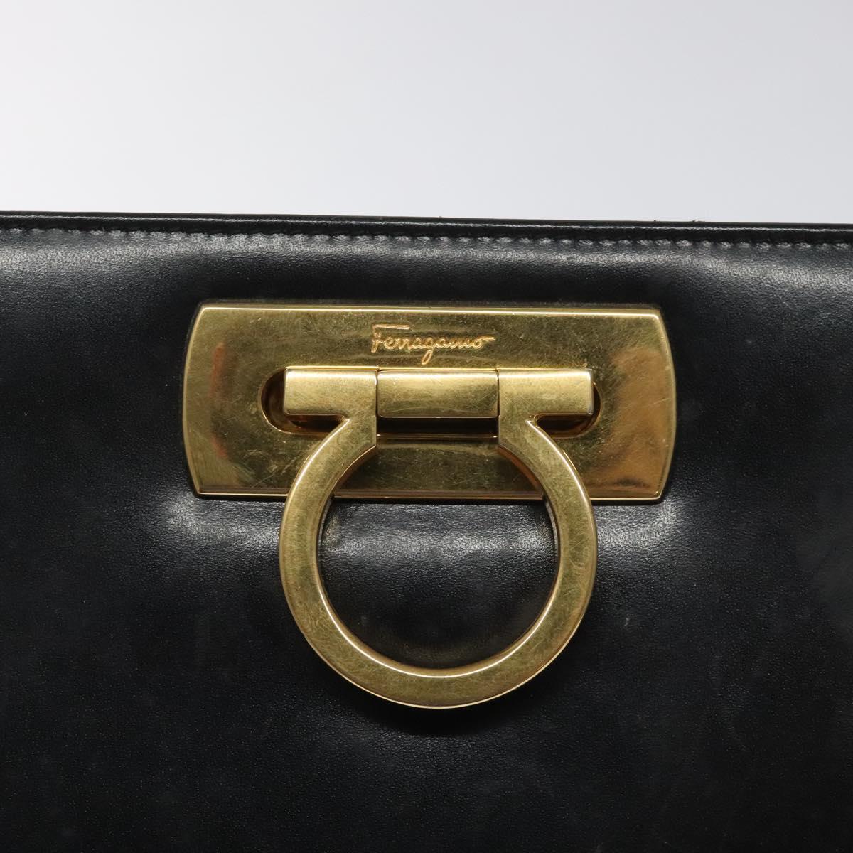 Salvatore Ferragamo Gancini Chain Shoulder Bag Leather Black Gold Auth BD223