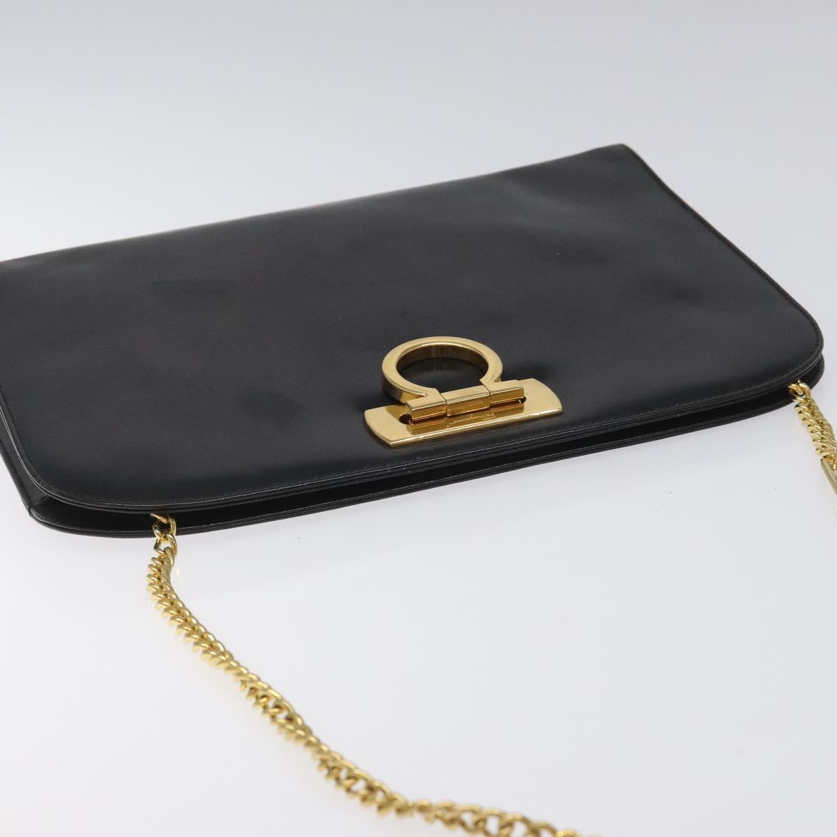 Salvatore Ferragamo Gancini Chain Shoulder Bag Leather Black Gold Auth BD223