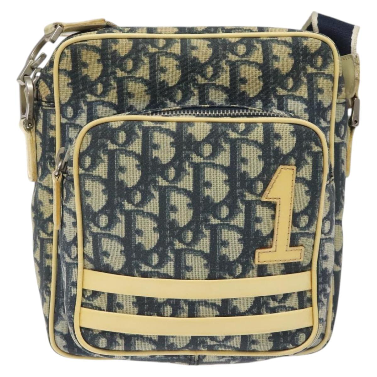 Christian Dior Trotter Canvas Shoulder Bag Navy Gold Auth BD2276