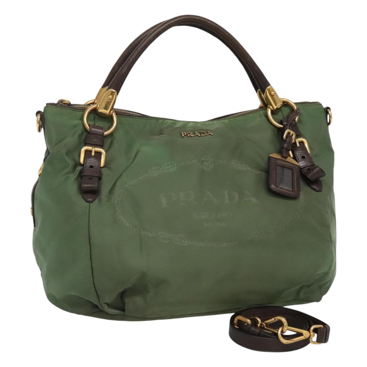 PRADA Hand Bag Nylon 2way Khaki Gold Auth BD242