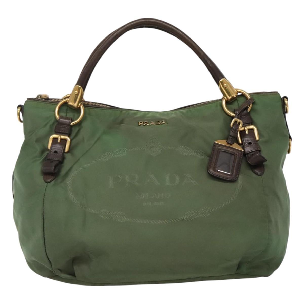 PRADA Hand Bag Nylon 2way Khaki Gold Auth BD242