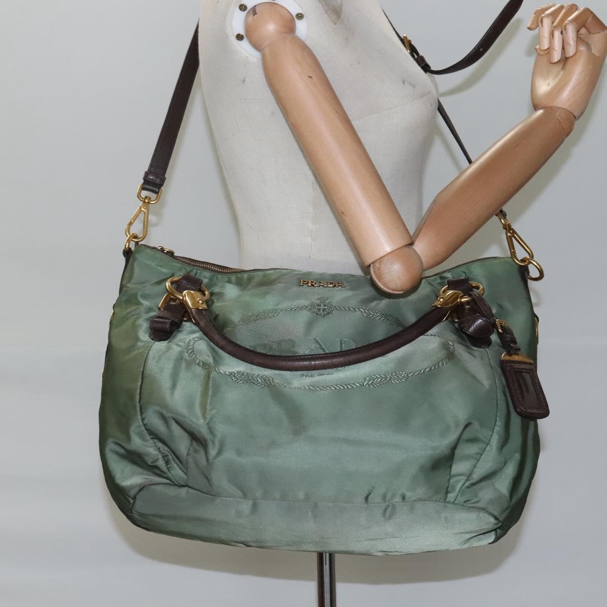 PRADA Hand Bag Nylon 2way Khaki Gold Auth BD242