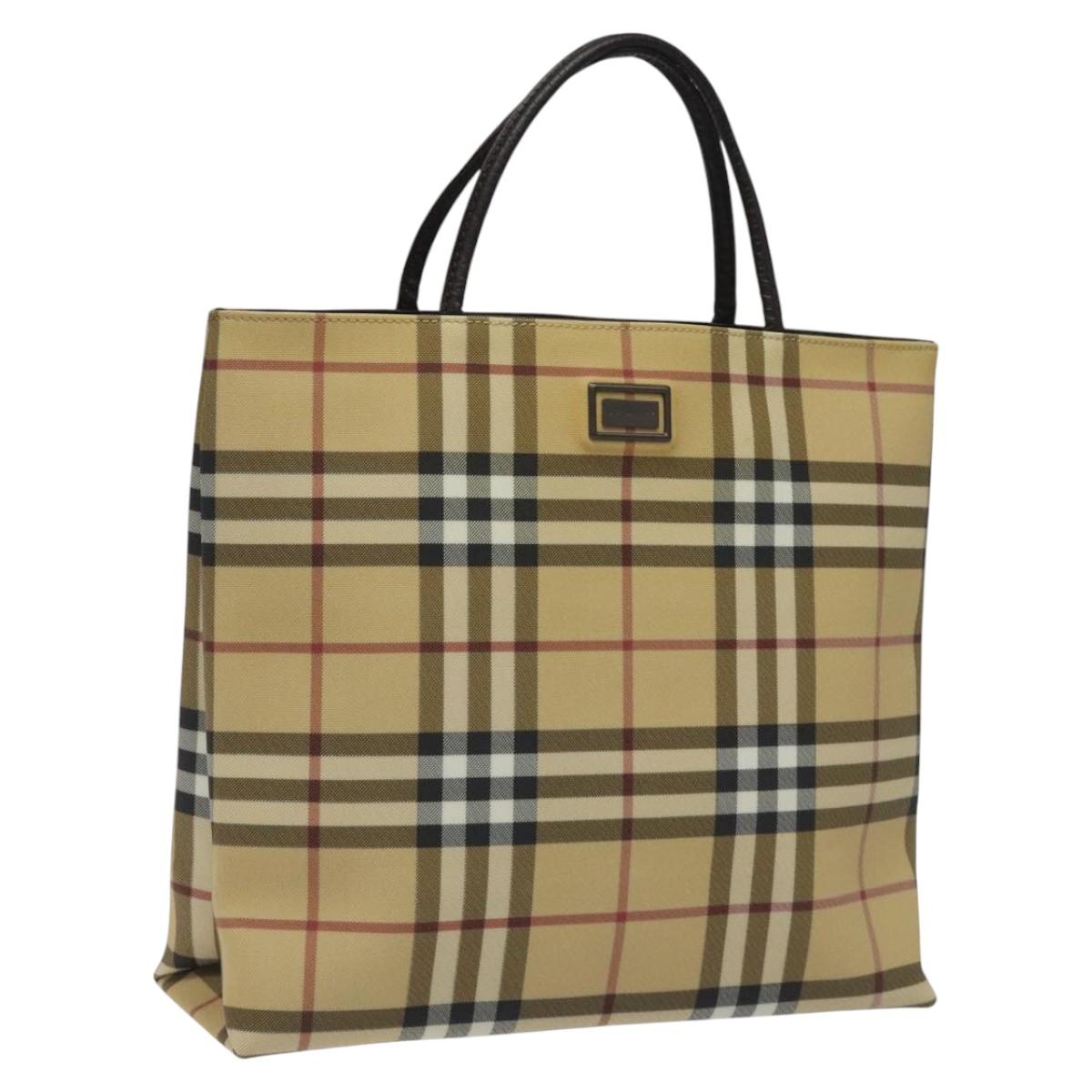 BURBERRY Nova Check Hand Bag PVC Leather Beige Dark Brown Auth BD252