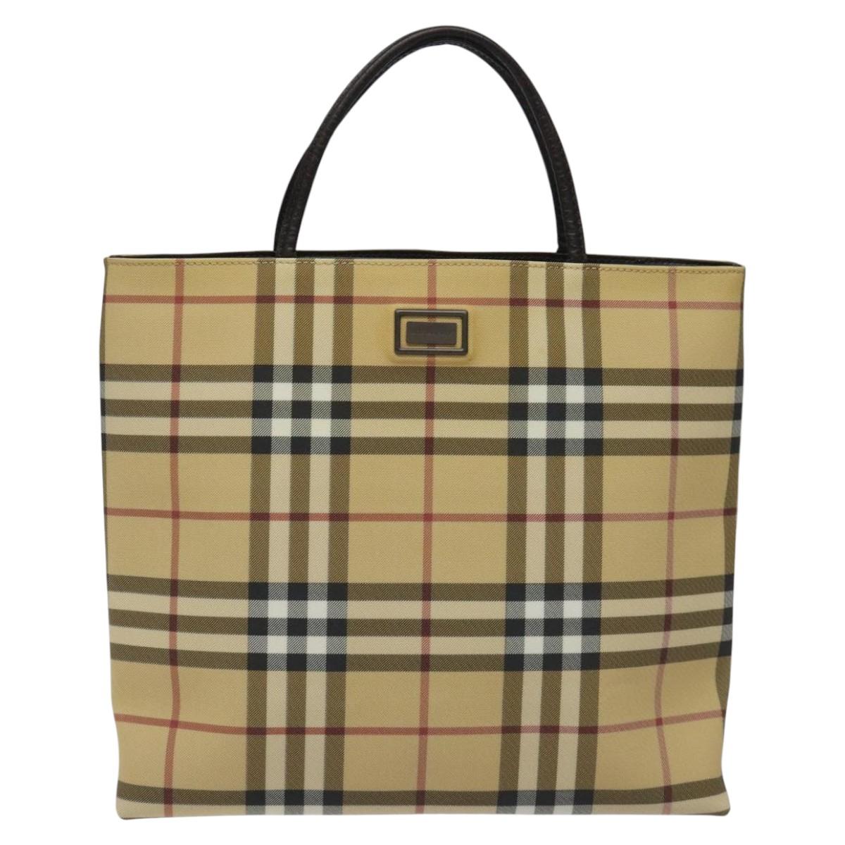 BURBERRY Nova Check Hand Bag PVC Leather Beige Dark Brown Auth BD252