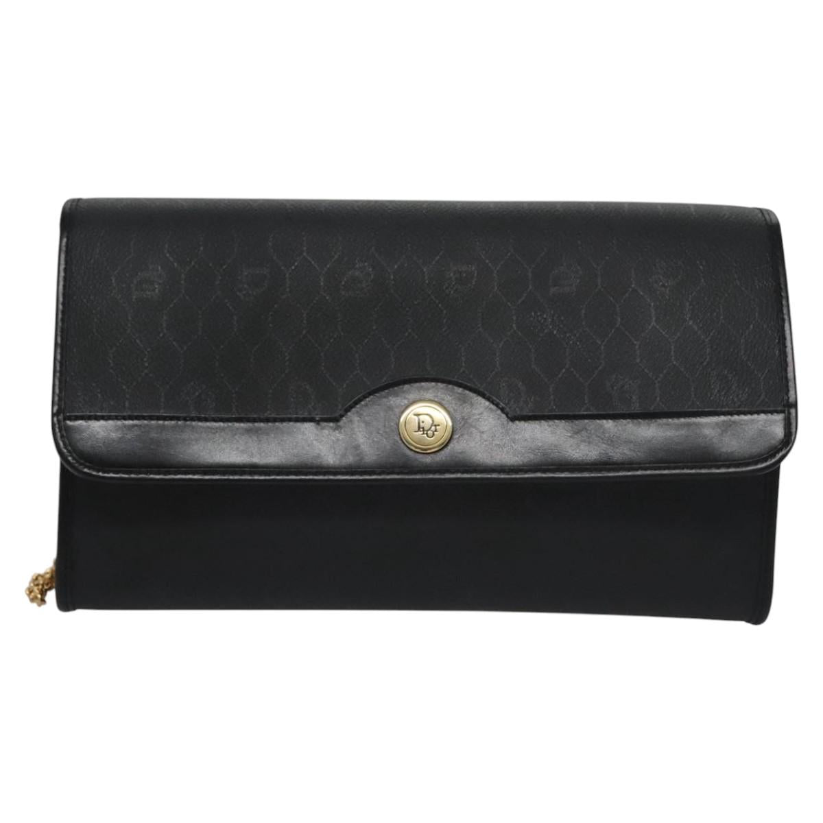 Christian Dior Honeycomb Canvas Chain Shoulder Bag PVC Black Gold Auth BD281