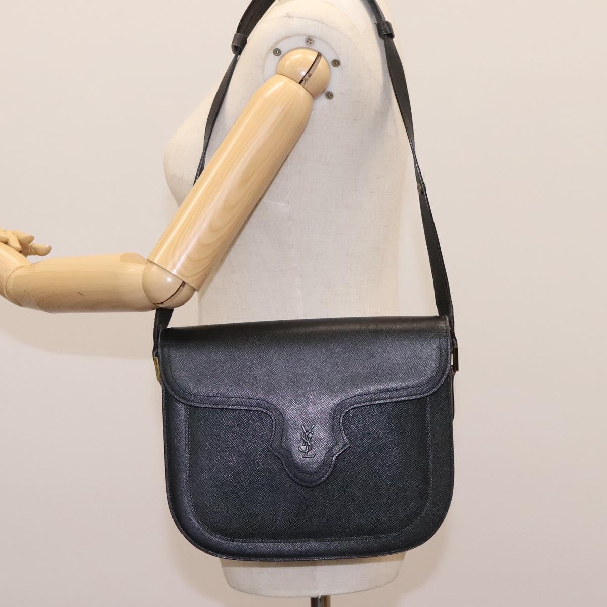 SAINT LAURENT Shoulder Bag Leather Black Gold Auth BD372