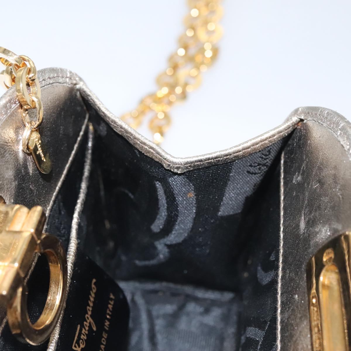 Salvatore Ferragamo Gancini Chain Shoulder Bag Leather Silver Gold Auth BD416