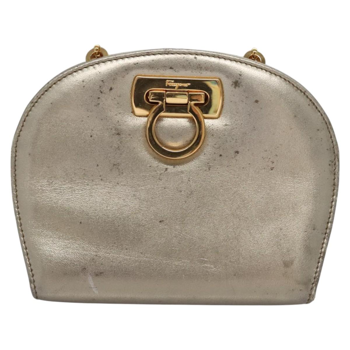 Salvatore Ferragamo Gancini Chain Shoulder Bag Leather Silver Gold Auth BD416