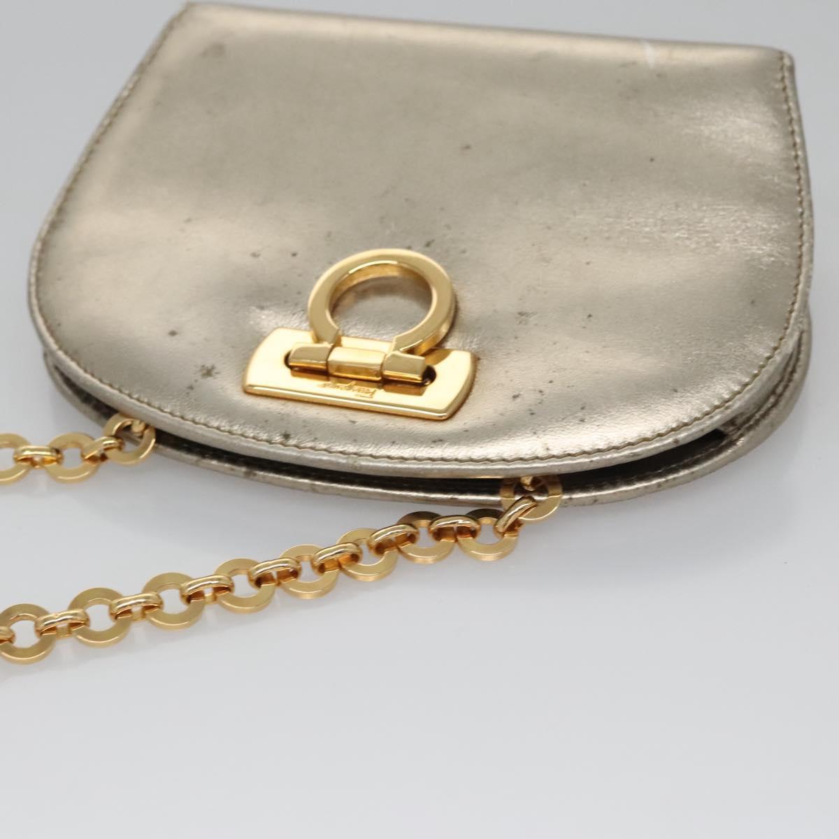 Salvatore Ferragamo Gancini Chain Shoulder Bag Leather Silver Gold Auth BD416
